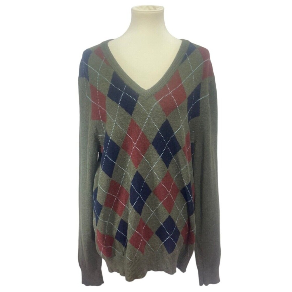 Mens L.L. Bean 100% Lambs Wool Sweater V-Neck Argyle Olive Green Navy Size LARGE
